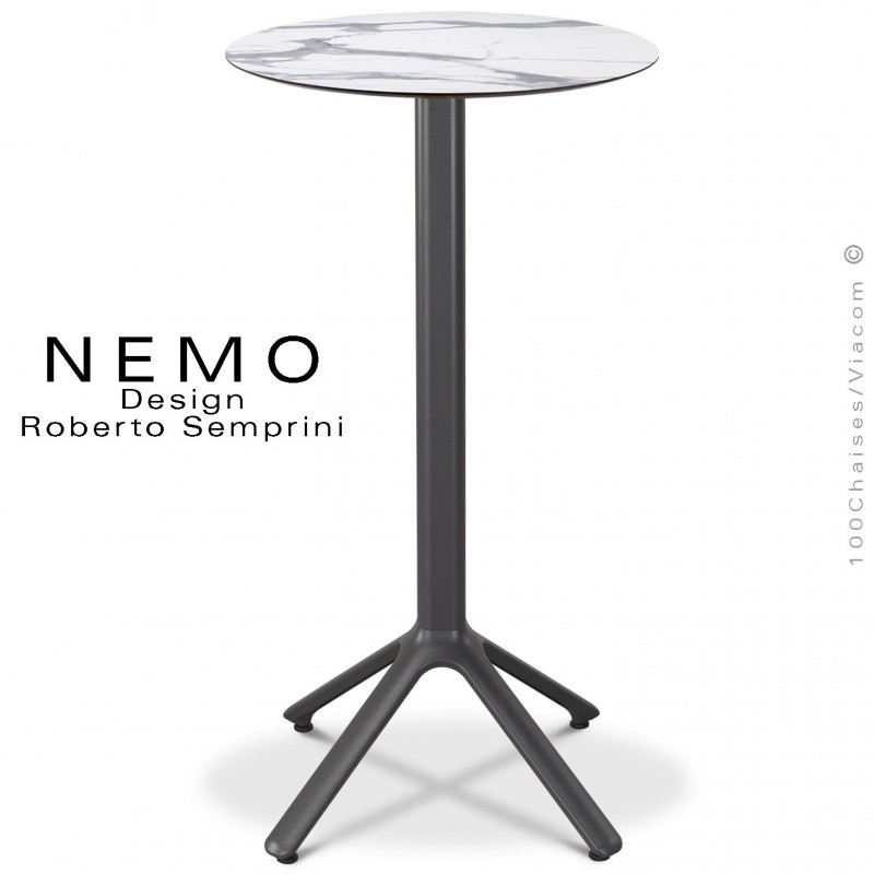 Table mange-debout NEMO, pour CHR., piétement aluminium peint anthracite, plateau fixe Ø60 cm., compact marbre blanc.