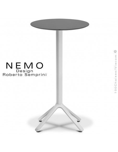 Table mange-debout NEMO, pour CHR., piétement aluminium peint blanc, plateau fixe Ø60 cm., compact anthracite.