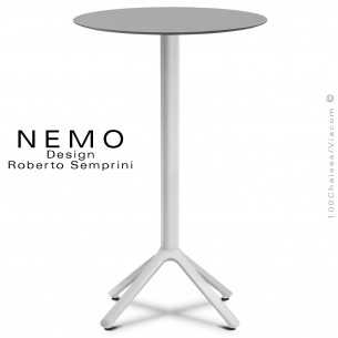 Table mange-debout NEMO, pour CHR., piétement aluminium peint blanc, plateau fixe Ø80 cm., compact gris clair.