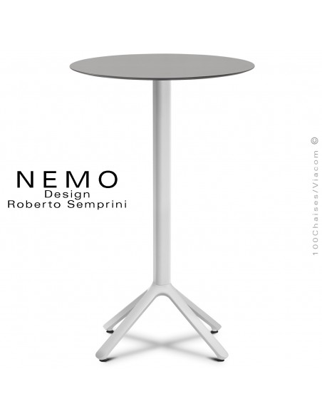 Table mange-debout NEMO, pour CHR., piétement aluminium peint blanc, plateau fixe Ø80 cm., compact gris clair.