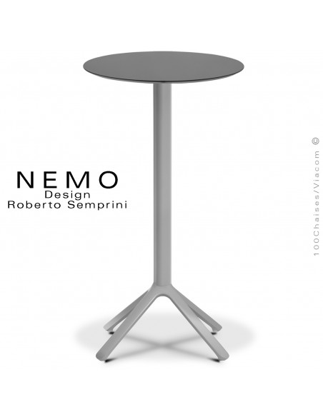 Table mange-debout NEMO, pour CHR., piétement aluminium peint argent, plateau fixe Ø60 cm., compact anthracite.