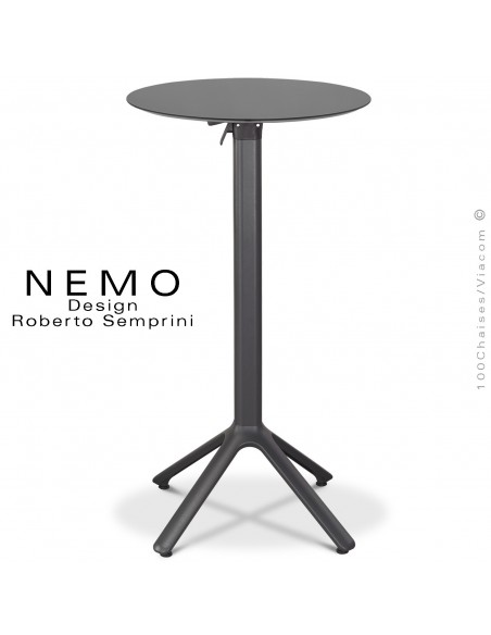 Table mange debout NEMO, piétement encastrable aluminium peint anthracite, plateau rabattable Ø60 cm., compact anthracite.