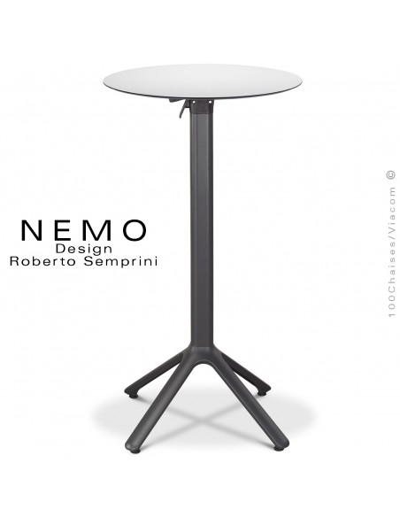 Table mange debout NEMO, piétement encastrable aluminium peint anthracite, plateau rabattable Ø60 cm., compact blanc.