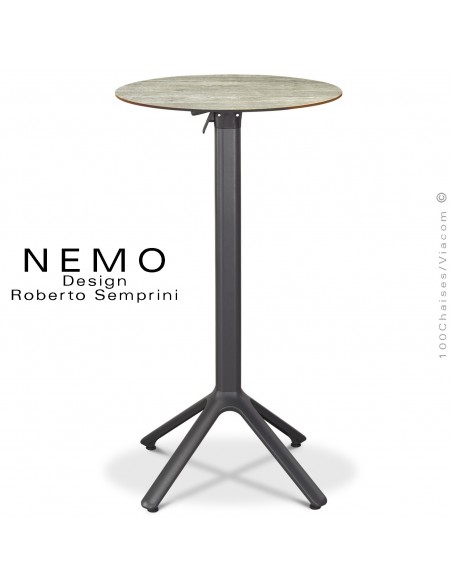 Table mange debout NEMO, piétement encastrable aluminium peint anthracite, plateau rabattable Ø60 cm., compact chêne.