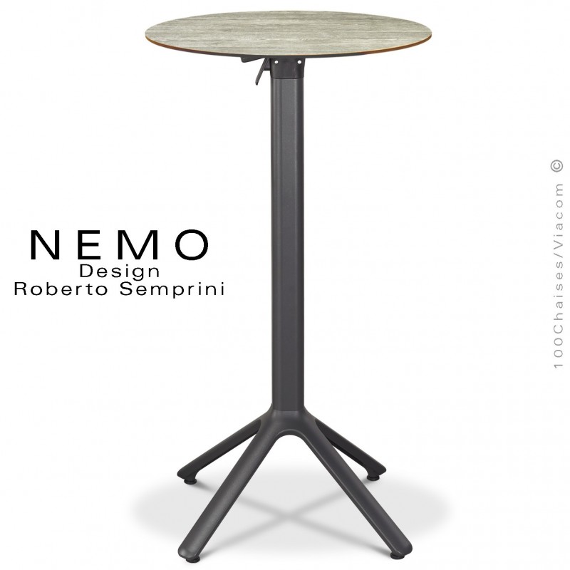 Table mange debout NEMO, piétement encastrable aluminium peint anthracite, plateau rabattable Ø60 cm., compact chêne.