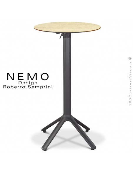Table mange debout NEMO, piétement encastrable aluminium peint anthracite, plateau rabattable Ø60 cm., compact chêne clair.