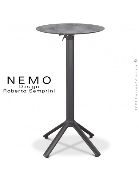 Table mange debout NEMO, piétement encastrable aluminium peint anthracite, plateau rabattable Ø60 cm., compact ciment.