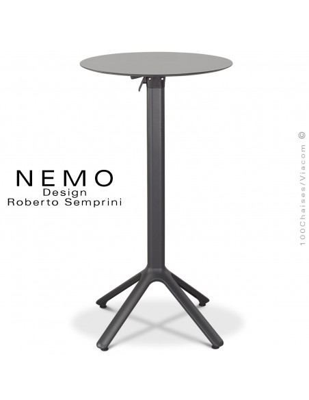 Table mange debout NEMO, piétement encastrable aluminium peint anthracite, plateau rabattable Ø60 cm., compact gris clair.