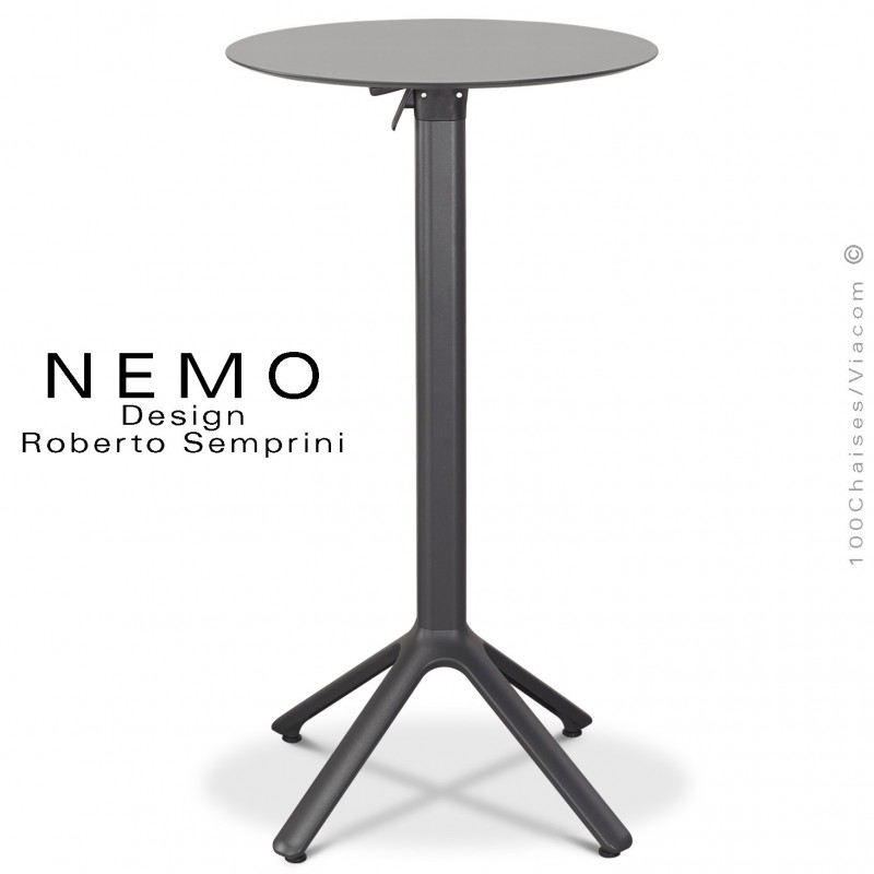 Table mange debout NEMO, piétement encastrable aluminium peint anthracite, plateau rabattable Ø60 cm., compact gris clair.