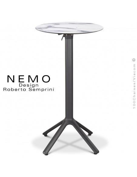 Table mange debout NEMO, piétement encastrable aluminium peint anthracite, plateau rabattable Ø60 cm., compact marbre blanc.