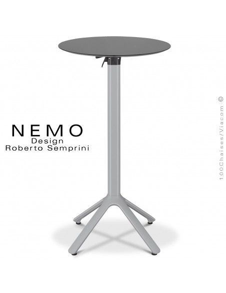 Table mange debout NEMO, piétement encastrable aluminium peint argent, plateau rabattable Ø60 cm., compact anthracite.