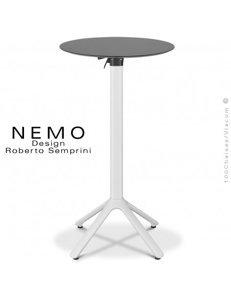 Table mange debout NEMO, piétement encastrable aluminium peint blanc, plateau rabattable Ø60 cm., compact anthracite.