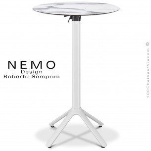 Table mange debout NEMO, piétement encastrable aluminium peint blanc, plateau rabattable Ø80 cm., compact marbre blanc.