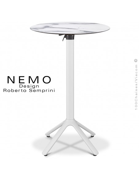 Table mange debout NEMO, piétement encastrable aluminium peint blanc, plateau rabattable Ø80 cm., compact marbre blanc.
