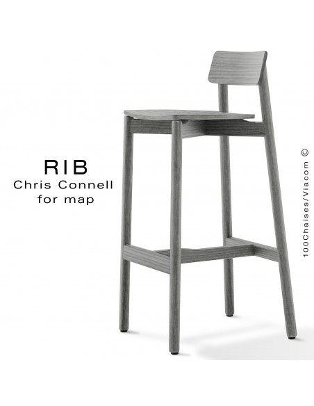 Tabouret de bar RIB, piétement et assise en bois de frêne, peint gris