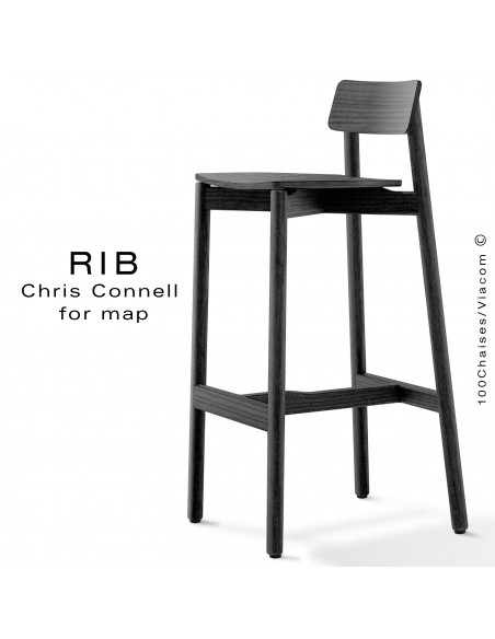 Tabouret de bar RIB, piétement et assise en bois de frêne, peint noir