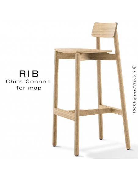 Tabouret de bar RIB, piétement et assise en bois de frêne, teinté naturel