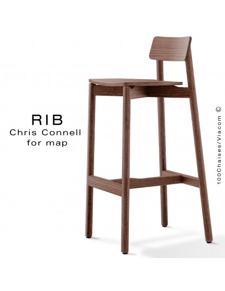 Tabouret de bar RIB, piétement et assise en bois de frêne, teinté noyer