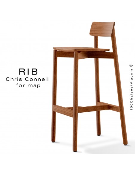 Tabouret de bar RIB, piétement et assise en bois de frêne, teinté teck