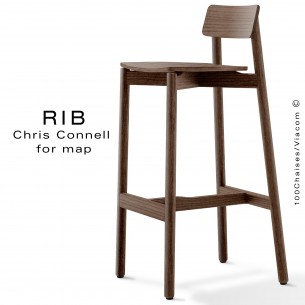 Tabouret de bar RIB, piétement et assise en bois de frêne, teinté wengé