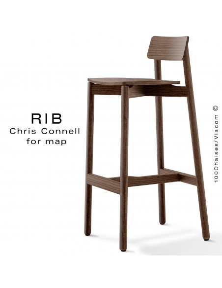 Tabouret de bar RIB, piétement et assise en bois de frêne, teinté wengé