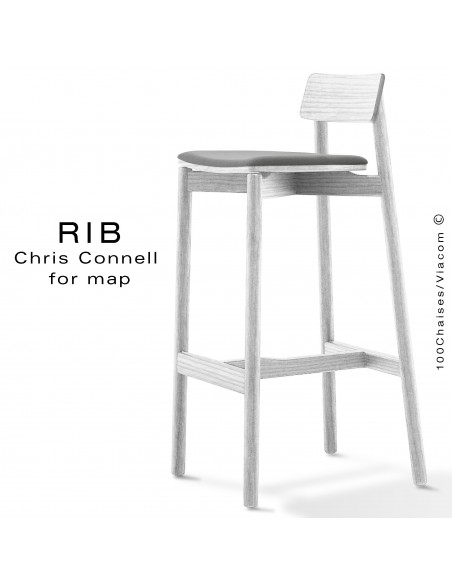 Tabouret de bar RIB, piétement en bois de frêne peint blanc, assise garnie, habillage tissu gris