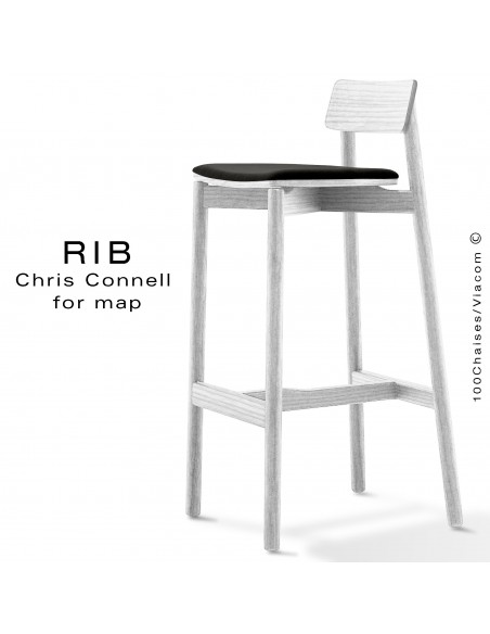 Tabouret de bar RIB, piétement en bois de frêne peint blanc, assise garnie, habillage tissu noir
