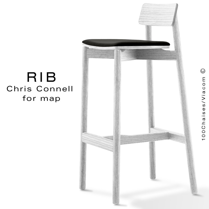 Tabouret de bar RIB, piétement en bois de frêne peint blanc, assise garnie, habillage tissu noir