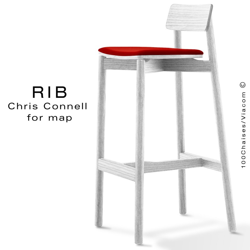 Tabouret de bar RIB, piétement en bois de frêne peint blanc, assise garnie, habillage tissu rouge
