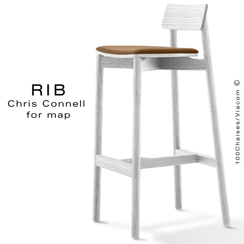 Tabouret de bar RIB, piétement en bois de frêne peint blanc, assise garnie, habillage tissu crème
