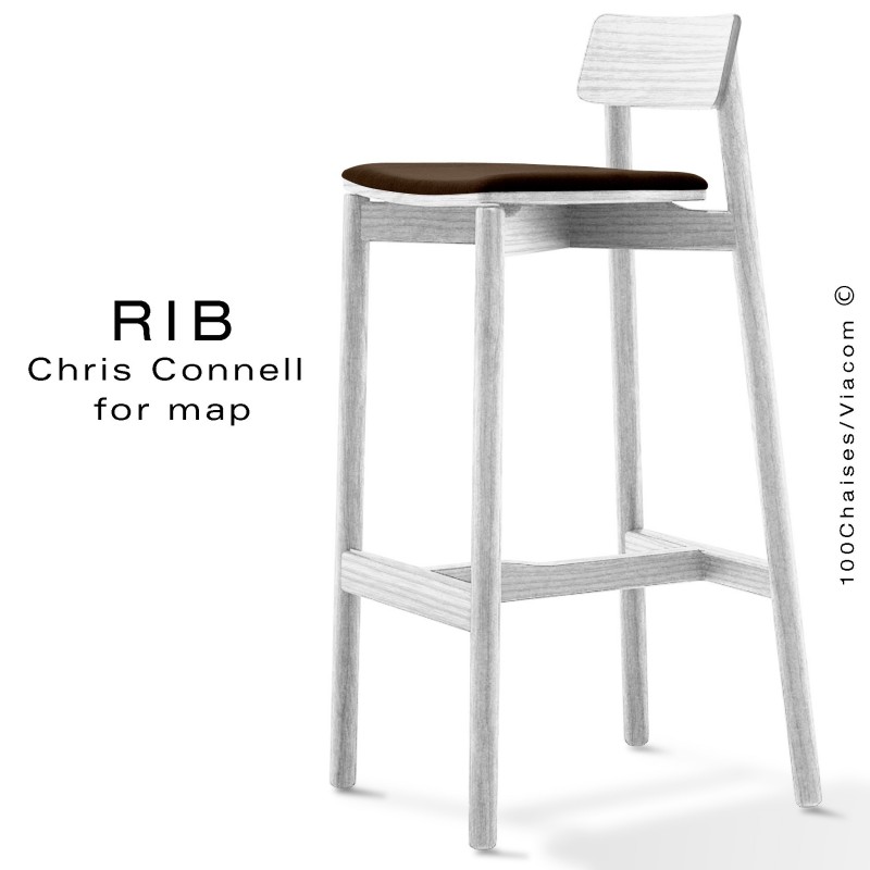 Tabouret de bar RIB, piétement en bois de frêne peint blanc, assise garnie, habillage tissu marron