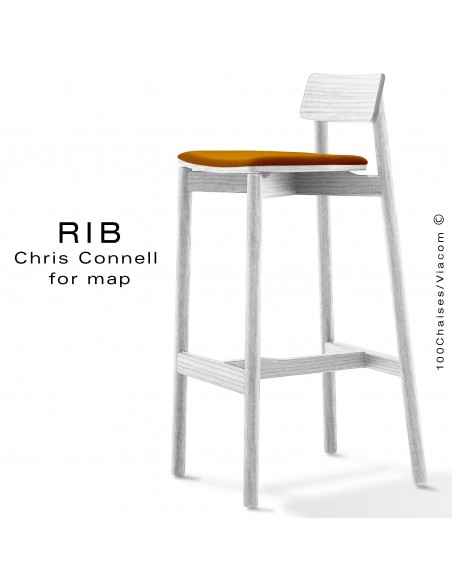 Tabouret de bar RIB, piétement en bois de frêne peint blanc, assise garnie, habillage tissu orange