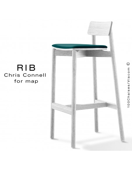 Tabouret de bar RIB, piétement en bois de frêne peint blanc, assise garnie, habillage tissu bleu