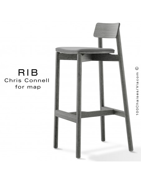 Tabouret de bar RIB, piétement en bois de frêne peint gris, assise garnie, habillage tissu gris