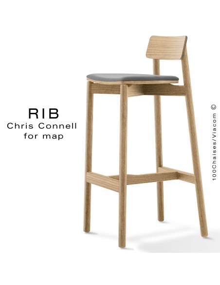 Tabouret de bar RIB, piétement en bois de frêne teinté naturel, assise garnie, habillage tissu gris