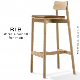 Tabouret de bar RIB, piétement en bois de frêne teinté naturel, assise garnie, habillage tissu crème