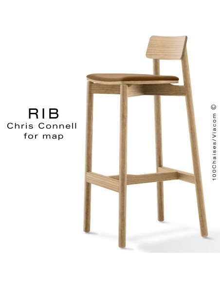 Tabouret de bar RIB, piétement en bois de frêne teinté naturel, assise garnie, habillage tissu crème