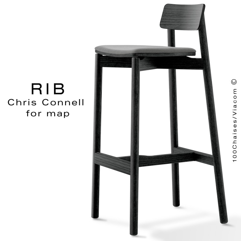 Tabouret de bar RIB, piétement en bois de frêne peint noir, assise garnie, habillage tissu gris
