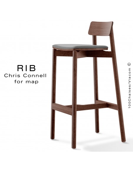 Tabouret de bar RIB, piétement en bois de frêne teinté noyer, assise garnie, habillage tissu gris