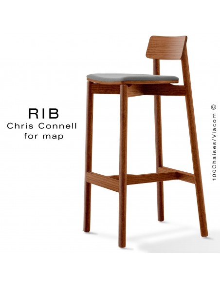 Tabouret de bar RIB, piétement en bois de frêne teinté teck, assise garnie, habillage tissu gris
