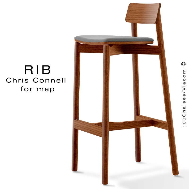 Tabouret de bar RIB, piétement en bois de frêne teinté teck, assise garnie, habillage tissu gris