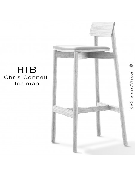 Tabouret de bar RIB, piétement en bois de frêne peint blanc, assise garnie, habillage tissu blanc