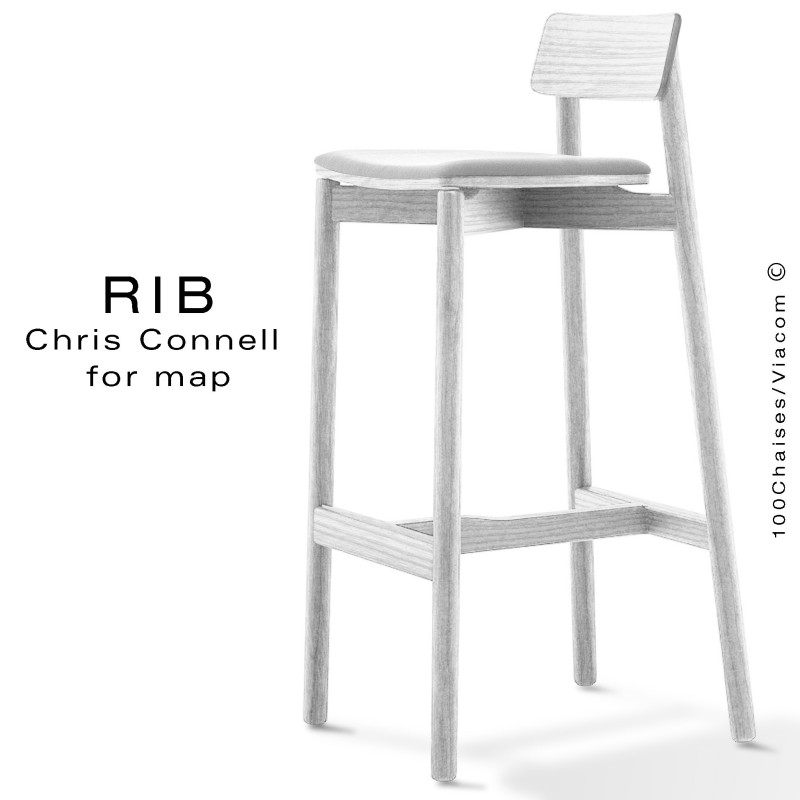 Tabouret de bar RIB, piétement en bois de frêne peint blanc, assise garnie, habillage tissu blanc