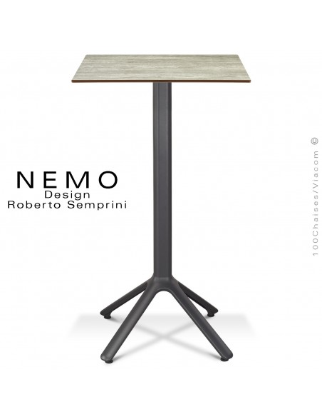 Table mange-debout NEMO, pour CHR., piétement aluminium anthracite, plateau fixe 60x60 cm., compact finition chêne.