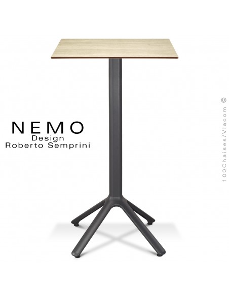Table mange-debout NEMO, pour CHR., piétement aluminium anthracite, plateau fixe 60x60 cm., compact finition chêne clair.