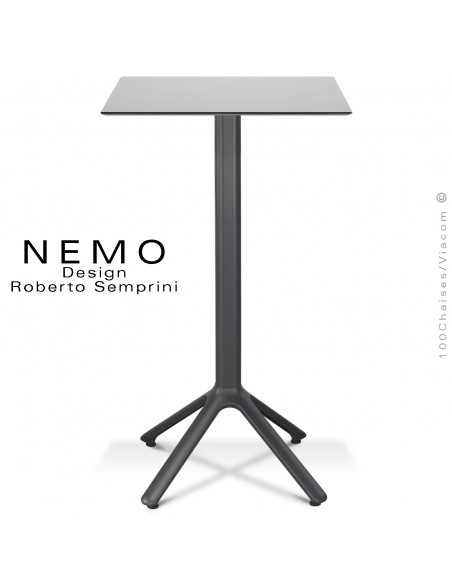 Table mange-debout NEMO, pour CHR., piétement aluminium anthracite, plateau fixe 60x60 cm., compact finition gris clair.