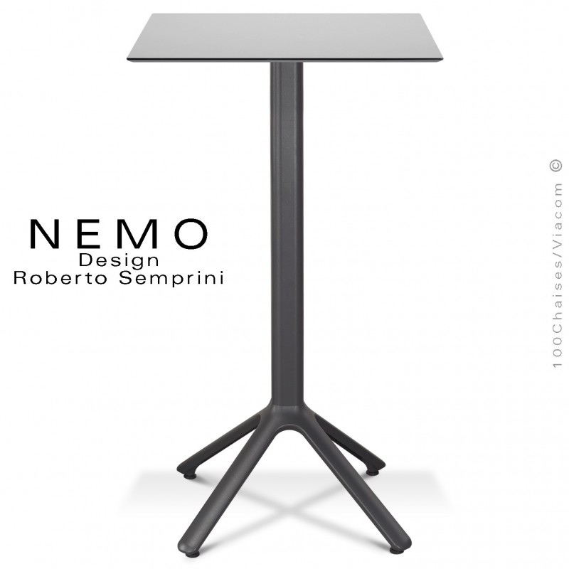 Table mange-debout NEMO, pour CHR., piétement aluminium anthracite, plateau fixe 60x60 cm., compact finition gris clair.