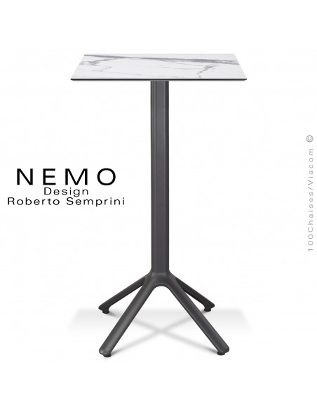 Table mange-debout NEMO, pour CHR., piétement aluminium anthracite, plateau fixe 60x60 cm., compact finition marbre.