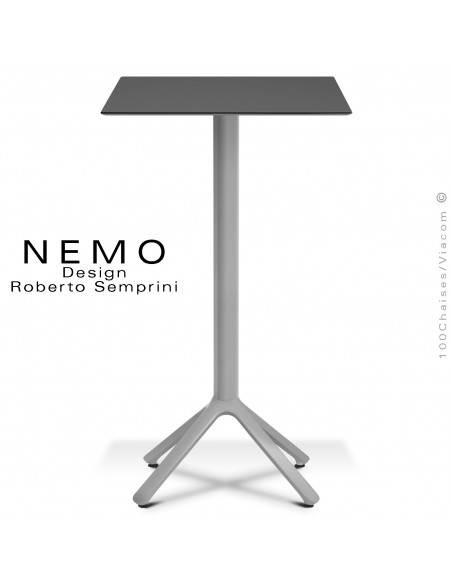 Table mange-debout NEMO, pour CHR., piétement aluminium argent, plateau fixe 60x60 cm., compact finition anthracite.