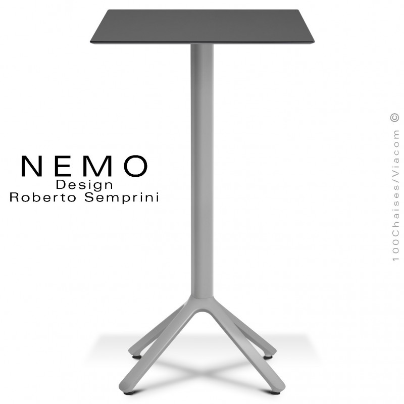 Table mange-debout NEMO, pour CHR., piétement aluminium argent, plateau fixe 60x60 cm., compact finition anthracite.